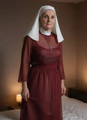 (((1 woman, solo, portrait))), professional hardcore porn photography, standing posing, in an extremely romantic bedroom, exotic beige bedding, (night:1.9), (chiaroscuro:1.9), (((only backlight:1.9))), ultra detailed, ultra realistic, extremely detailed background, (((extremely aged extremely elderly ancient 50 year old native nun:1.9))), extremely feminine, large breasts, curvy, slim, extremely limp saggy wrinkled tits, (((skin-tight knee-length burgundy ultra-sheer hyper-see-through breezy wavy A-line nun hoopdress:1.9))), stiletto high heels, Photorealistic rendering with authentic elderly skin pores and fine facial detail, realistic hair strands, natural textures and reflections, detailed architectural and textile surfaces, physically realistic, realistic chiaroscuro. No artificial beauty filter or plastic appearance. 4K, UHD, upscale, photorealistic, highly detailed, (artificially upscaled, optimized picture:1.9), (((heavy massive aging:1.9))), post-process optimalization and correcting anatomical anomalies, <lora:elegant_evening_wear_ntc:.8>, 4ng3l, face, <lora:SDXL_BetterFaces-LoRA_v1:.8>, <lora:SDXLHighDetail_v6-000005:.8>