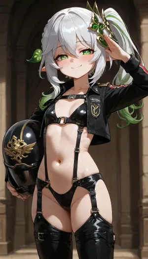 1girl, petite build, nahida from genshin impact, anime style, detailed shading, focus on face, smug face, blushing, smile, skimpy military pilot outfit, bare stomach, holding helmet, ((standing, proud pose, saluting)), <lora:dark:.2>
