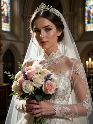Shot with a high-end Leica Noctilux-M 85mm f/1.2 prime lens at wide-open aperture, hyperrealistic waist-up medium portrait capturing the bride from head down to her waistline, raw camera fidelity, unretouched natural skin texture displaying fine pores, subtle skin grain, soft vellus hairs, and delicate natural flush, ultra-fine film grain, dramatic romantic lighting, masterwork composition, 8K resolution.

A breathtakingly beautiful bride on her wedding day, framed in a romantic waist-up shot inside the sacred, serene atmosphere of a medieval Gothic cathedral. Her face, high-neck bodice, and hands are illuminated by a radiant beam of soft, cinematic morning sunlight filtering through ancient stained glass windows, casting ethereal, whisper-soft rose, gold, and amber highlights across her features and creating a deeply atmospheric aura.

Her facial anatomy and features are captured with flawless clarity, a perfectly balanced symmetrical oval face, high softly sculpted cheekbones touched by a gentle peach blush, luminous dew-kissed skin texture, and large almond-shaped hazel eyes framed by dark fluttery eyelashes. Her eyelids feature iridescent pearl eyeshadow with a satin finish, leading down to a fine straight nose and full, supple lips with dusty-pink satin lipstick emphasizing her delicate cupid's bow.

Her hair is styled into a soft, sophisticated low chignon with loose waves kissing her jawline. She wears a magnificent white gold tiara intricately wrought with filigree scrollwork and encrusted with brilliant-cut micro-diamonds and pearls, with a sheer Chantilly lace cathedral veil flowing gracefully over her shoulders like mist.

Crucial composition element, at waist height, her right and left hands hold the flower stems in a completely anatomically clean, realistic grip with five clearly separated, well-defined fingers on each hand and flawless oval nude-pink nails. She tenderly cradles a lavish, hand-tied artisanal bouquet overflowing with blooming white peonies, soft dusty-pink garden roses with folded petals, fragrant lavender sprigs, and muted eucalyptus leaves, bound with a trailing raw silk ribbon with slightly frayed edges.

Her high-fashion wedding gown is an extraordinary triumph of haute couture craftsmanship. The illusion tulle high neckline and form-fitting bodice cover her chest completely and are lavishly hand-embroidered with shimmering silver threads, creating intricate baroque motifs and botanical vines. Deeply embedded within the lace structure are hundreds of hand-sewn Swarovski crystals, clear sapphires, and seed pearls that sparkle intensely as they catch the light.

The background dissolves into a smooth, creamy bokeh showing the majestic carved stone pillars of the cathedral, glowing candlelight from flickering votive candles, and towering vaulted arches. Perfect color grading, high-contrast chiaroscuro, uncompromised raw photograph fidelity.