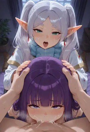POV blowjob, both girls looking at wiever, both girls naked, rounded breast, two girls sucking a dick, both naked, deepthroat, Fern, naked, Frieren, Frieren is grabbing Fern Hair And Holding Her Head Down As Fern Chokes On The Cock, holding Fern head, Fern is sucking a enormous dick, hand on head, pushing head down, ahegao, cum in mouth, cum on face, bedroom, blowjob, threesome, 1girl, light, purple, twintails, multicolored, eyes, earrings, capelet, striped, shirt, belt, skirt, pantyhose, brown, boots, aafern, long, hair, blunt, bangs, dress, white, black, robe, sleeves, winter, clothes, scarf, fur, trim, cropped, jacket, <lora:FrierenXL004:.8>, <lora:fern_xl_(animagine)_v1:.8>