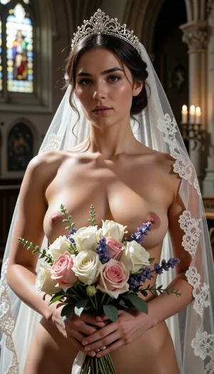 Shot with a high-end Leica Noctilux-M 85mm f/1.2 prime lens at wide-open aperture, hyperrealistic waist-up medium fine-art portrait capturing a fully nude bride from head down to her waistline, raw camera fidelity, unretouched natural skin texture displaying fine pores, subtle skin grain, soft vellus hairs, and delicate natural flush, ultra-fine film grain, dramatic chiaroscuro romantic lighting, masterwork composition, 8K resolution.

A breathtakingly beautiful bride on her wedding day, framed in a romantic waist-up fine-art nude shot inside the sacred, serene atmosphere of a medieval Gothic cathedral. Her face, completely bare shoulders, natural breasts, exposed torso, and hands are illuminated by a radiant beam of soft, cinematic morning sunlight filtering through ancient stained glass windows, casting ethereal, whisper-soft rose, gold, and amber highlights across her bare skin.

Her facial anatomy and features are captured with flawless clarity, a perfectly balanced symmetrical oval face, high softly sculpted cheekbones touched by a gentle peach blush, luminous dew-kissed skin texture, and large almond-shaped hazel eyes framed by dark fluttery eyelashes. Her eyelids feature iridescent pearl eyeshadow with a satin finish, leading down to a fine straight nose and full, supple lips with dusty-pink satin lipstick emphasizing her delicate cupid's bow.

Her hair is styled into a soft, sophisticated low chignon with loose waves kissing her jawline. She wears a magnificent white gold tiara intricately wrought with filigree scrollwork and encrusted with brilliant-cut micro-diamonds and pearls, with a sheer Chantilly lace cathedral veil draped gracefully over her head and flowing behind her back, leaving her front completely bare.

At waist height, her hands naturally and gracefully hold a lavish, hand-tied artisanal bouquet overflowing with blooming white peonies, soft dusty-pink garden roses with folded petals, fragrant lavender sprigs, and muted eucalyptus leaves, bound with a trailing raw silk ribbon with slightly frayed edges.

Artistic nude aesthetic, no clothing on her upper body, pure fine-art aesthetic with realistic skin rendering, natural breast anatomy, clear collarbones, and elegant shadowPlay across her bare midriff and waist.

The background dissolves into a smooth, creamy bokeh showing the majestic carved stone pillars of the cathedral, glowing candlelight from flickering votive candles, and towering vaulted arches. Perfect color grading, high-contrast chiaroscuro, uncompromised raw photograph fidelity.