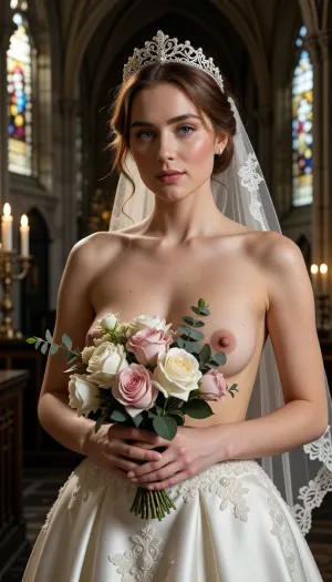 Shot with a high-end Leica Noctilux-M 85mm f/1.2 prime lens at wide-open aperture, hyperrealistic waist-up medium fine-art portrait capturing the bride from head down to her waistline, raw camera fidelity, unretouched natural skin texture displaying fine pores, subtle skin grain, soft vellus hairs, and delicate natural flush, dramatic romantic chiaroscuro lighting, masterwork composition, 8K resolution.

A breathtakingly beautiful bride on her wedding day, framed in a romantic waist-up fine-art nude portrait inside the sacred, serene atmosphere of a medieval Gothic cathedral. Her face, completely bare chest, exposed torso, and hands are illuminated by a radiant beam of soft, cinematic morning sunlight filtering through ancient stained glass windows, casting ethereal gold highlights across her bare skin.

Her facial anatomy and features are captured with flawless clarity, a perfectly balanced symmetrical oval face, high softly sculpted cheekbones touched by a gentle peach blush, luminous dew-kissed skin texture, and large almond-shaped hazel eyes framed by dark fluttery eyelashes. Her eyelids feature iridescent pearl eyeshadow with a satin finish, leading down to a fine straight nose and full, supple lips with dusty-pink satin lipstick emphasizing her delicate cupid's bow.

Her ginger hair is styled into a soft, sophisticated low chignon with loose waves kissing her jawline. She wears a magnificent white gold tiara intricately wrought with filigree scrollwork and encrusted with brilliant-cut micro-diamonds and pearls, with a sheer Chantilly lace cathedral veil draped gracefully behind her back.

Fine-art composition and posing, she is completely topless on her upper body, wearing an opulent high-waisted haute couture bridal skirt crafted from rich ivory silk organza and embellished with delicate lace appliqués. She holds a lavish, hand-tied artisanal bouquet of white peonies, dusty-pink garden roses, and eucalyptus tilted gracefully across her chest, strategically concealing one breast with the lush floral petals while leaving her bare torso, collarbones, and the other natural breast completely exposed in elegant chiaroscuro shadows.

The background dissolves into a smooth, creamy bokeh showing the majestic carved stone pillars of the cathedral, glowing candlelight from flickering votive candles, and towering vaulted arches. Perfect color grading, high-contrast chiaroscuro, uncompromised raw photograph fidelity.