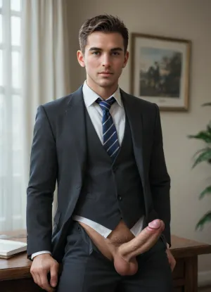 A man in a suit lets his penis hang out of his pants., <lora:Dramatic_penis_SDXL:.8>