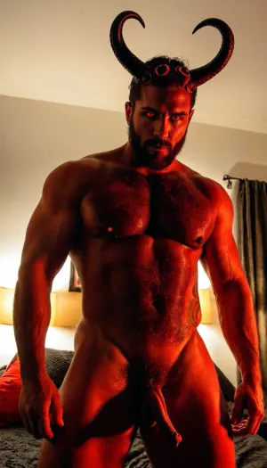 Bearded Man, Sexy manly devil demon King, dim light, fire, demon male devil, horns on head, fit body, manly muscular figure, bright red eyes, maximal details, masterpiece, the whole room is filled with smoke, ltctr, color, +, light, contour, <lora:light_contour_sdxl:.8>