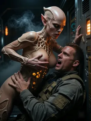 A photorealistic, cinematic scene inside a half-destroyed spaceship that has arrived from another galaxy. In a cramped metal corridor with emergency lighting and billowing steam, an energy vampire from another galaxy attacks a member of the Earthling research team.
The alien is a bald humanoid woman with prominent veins on her bald head, pointed ears, glowing bright-yellow eyes, and an aggressively open mouth. Her skin is glossy and damp, She wears a biomechanical suit with lattice-like structures and glowing orange implants, leaving her chest exposed. She looms over the man, her long-fingered hand with glossy skin rests firmly on his chest armor plate, sucking out his life energy.
The Earthling—a young man in an olive-green tactical uniform with an armored chest plate—lies on the floor, his head thrown back, his mouth wide open in a scream of pain, his expression one of shock and horror at the unexpected attack. Atmosphere, cold metal panels, flashing orange and white emergency lights, wisps of steam, dramatic three-dimensional lighting, strong contrast, a sense of danger and horror. Ultra-detailed rendering of skin, metal, the structures of the alien’s biomechanical armor, and facial expressions. Cinematic angle, tense dynamics, sci-fi horror, masterful quality.