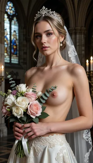 Shot with a high-end Leica Noctilux-M 85mm f/1.2 prime lens at wide-open aperture, hyperrealistic waist-up medium fine-art portrait capturing the bride from head down to her waistline, raw camera fidelity, unretouched natural skin texture displaying fine pores, subtle skin grain, soft vellus hairs, and delicate natural flush, dramatic romantic chiaroscuro lighting, masterwork composition, 8K resolution.

A breathtakingly beautiful bride on her wedding day, framed in a romantic waist-up fine-art nude portrait inside the sacred, serene atmosphere of a medieval Gothic cathedral. Her face, completely bare chest, exposed torso, and hands are illuminated by a radiant beam of soft, cinematic morning sunlight filtering through ancient stained glass windows.

Her facial anatomy and features are captured with flawless clarity, a perfectly balanced symmetrical oval face, high softly sculpted cheekbones touched by a gentle peach blush, luminous dew-kissed skin texture, and large almond-shaped hazel eyes framed by dark fluttery eyelashes. Her eyelids feature iridescent pearl eyeshadow with a satin finish, leading down to a fine straight nose and full, supple lips with dusty-pink satin lipstick emphasizing her delicate cupid's bow.

Her blond hair is styled into a soft, sophisticated low chignon with loose waves kissing her jawline. She wears a magnificent white gold tiara intricately wrought with filigree scrollwork and encrusted with brilliant-cut micro-diamonds and pearls, with a sheer Chantilly lace cathedral veil draped gracefully behind her back.

Fine-art composition and posing, she is completely topless on her upper body, wearing an opulent high-waisted haute couture bridal skirt crafted from rich ivory silk organza and embellished with delicate lace appliqués. She holds a lavish, hand-tied artisanal bouquet of white peonies, dusty-pink garden roses, and eucalyptus tilted gracefully across her chest, strategically concealing one breast with the lush floral petals while leaving her bare torso, collarbones, and the other natural breast completely exposed in elegant chiaroscuro shadows.

The background dissolves into a smooth, creamy bokeh showing the majestic carved stone pillars of the cathedral, glowing candlelight from flickering votive candles, and towering vaulted arches. Perfect color grading, high-contrast chiaroscuro, uncompromised raw photograph fidelity.