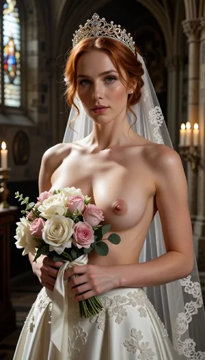 Shot with a high-end Leica Noctilux-M 85mm f/1.2 prime lens at wide-open aperture, hyperrealistic waist-up medium fine-art portrait capturing the bride from head down to her waistline, raw camera fidelity, unretouched natural skin texture displaying fine pores, subtle skin grain, soft vellus hairs, and delicate natural flush, dramatic romantic chiaroscuro lighting, masterwork composition, 8K resolution.

A breathtakingly beautiful ginger hair bride on her wedding day, framed in a romantic waist-up fine-art nude portrait inside the sacred, serene atmosphere of a medieval Gothic cathedral. Her face, completely bare chest, exposed torso, and hands are illuminated by a radiant beam of soft, cinematic morning sunlight filtering through ancient stained glass windows.

Her facial anatomy and features are captured with flawless clarity, a perfectly balanced symmetrical oval face, high softly sculpted cheekbones touched by a gentle peach blush, luminous dew-kissed skin texture, and large almond-shaped hazel eyes framed by dark fluttery eyelashes. Her eyelids feature iridescent pearl eyeshadow with a satin finish, leading down to a fine straight nose and full, supple lips with dusty-pink satin lipstick emphasizing her delicate cupid's bow.

Her hair is styled into a soft, sophisticated low chignon with loose waves kissing her jawline. She wears a magnificent white gold tiara intricately wrought with filigree scrollwork and encrusted with brilliant-cut micro-diamonds and pearls, with a sheer Chantilly lace cathedral veil draped gracefully behind her back.

Fine-art composition and posing, she is completely topless on her upper body, wearing an opulent high-waisted haute couture bridal skirt crafted from rich ivory silk organza and embellished with delicate lace appliqués. She holds a lavish, hand-tied artisanal bouquet of white peonies, dusty-pink garden roses, and eucalyptus tilted gracefully across her chest, strategically concealing one breast with the lush floral petals while leaving her bare torso, collarbones, and the other natural breast completely exposed in elegant chiaroscuro shadows.

The background dissolves into a smooth, creamy bokeh showing the majestic carved stone pillars of the cathedral, glowing candlelight from flickering votive candles, and towering vaulted arches. Perfect color grading, high-contrast chiaroscuro, uncompromised raw photograph fidelity.