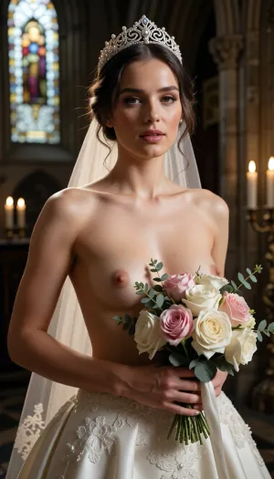 Shot with a high-end Leica Noctilux-M 85mm f/1.2 prime lens at wide-open aperture, hyperrealistic waist-up medium fine-art portrait capturing the bride from head down to her waistline, raw camera fidelity, unretouched natural skin texture displaying fine pores, subtle skin grain, soft vellus hairs, and delicate natural flush, dramatic romantic chiaroscuro lighting, masterwork composition, 8K resolution.

A breathtakingly beautiful bride on her wedding day, framed in a romantic waist-up fine-art nude portrait inside the sacred, serene atmosphere of a medieval Gothic cathedral. Her face, completely bare chest, exposed torso, and hands are illuminated by a radiant beam of soft, cinematic morning sunlight filtering through ancient stained glass windows, casting ethereal, amber highlights across her bare skin.

Her facial anatomy and features are captured with flawless clarity, a perfectly balanced symmetrical oval face, high softly sculpted cheekbones touched by a gentle peach blush, luminous dew-kissed skin texture, and large almond-shaped hazel eyes framed by dark fluttery eyelashes. Her eyelids feature iridescent pearl eyeshadow with a satin finish, leading down to a fine straight nose and full, supple lips with dusty-pink satin lipstick emphasizing her delicate cupid's bow.

Her hair is styled into a soft, sophisticated low chignon with loose waves kissing her jawline. She wears a magnificent white gold tiara intricately wrought with filigree scrollwork and encrusted with brilliant-cut micro-diamonds and pearls, with a sheer Chantilly lace cathedral veil draped gracefully behind her back.

Fine-art composition and posing, she is completely topless on her upper body, wearing an opulent high-waisted haute couture bridal skirt crafted from rich ivory silk organza and embellished with delicate lace appliqués. She holds a lavish, hand-tied artisanal bouquet of white peonies, dusty-pink garden roses, and eucalyptus tilted gracefully across her chest, strategically concealing one breast with the lush floral petals while leaving her bare torso, collarbones, and the other natural breast completely exposed in elegant chiaroscuro shadows.

The background dissolves into a smooth, creamy bokeh showing the majestic carved stone pillars of the cathedral, glowing candlelight from flickering votive candles, and towering vaulted arches. Perfect color grading, high-contrast chiaroscuro, uncompromised raw photograph fidelity.