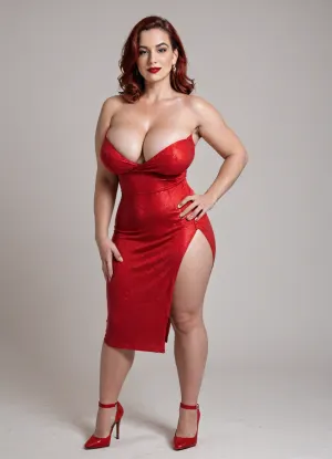 sexy tall slim thick, mature red head, huge fake round breasts, very tiny waist, pawg, wearing sexy red high heels, full body image