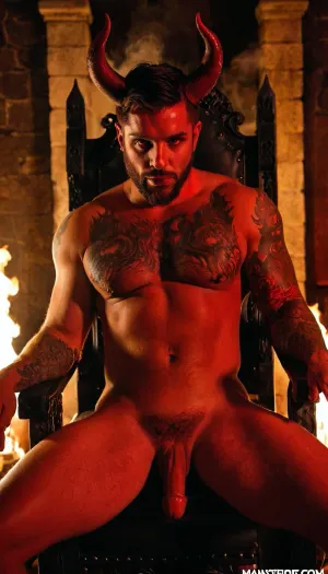 Bearded Man, Sexy manly devil demon King, dim light, castle throne room, fire, demon male devil, horns on head, fit body covered in tattoos, manly muscular figure, perfect cock, bright red eyes, maximal details, masterpiece, the whole room is filled with smoke, ltctr, color, +, light, contour, <lora:light_contour_sdxl:.8>