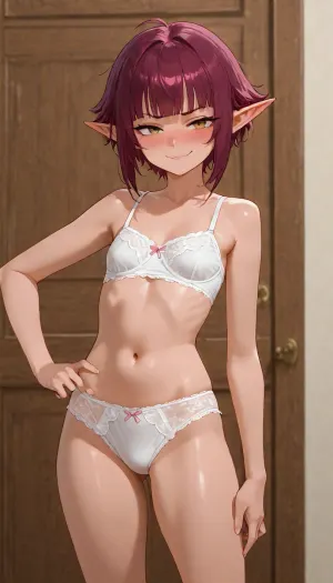 1girl, petite build, long pointy ears, random face traits, random eyes color, random haircut, random hair color, anime style, detailed shading, focus on face, smug face, blushing, smile, lacy underwear, ((standing, proud pose))