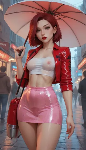(hypersexual cyberslut, lean stomach, narrow waist and hips, small perky breasts, erect pink nipples, lean and toned thighs, slender frame, glowing wet skin, pale white skin, dark red lipstick, smokey eye shadow, shiny lips like wet latex, high cheekbones, glowing pink cybereyes, straight firey red hair in bobcut, visible machine joints, detailed cybernetic vagina, trim red pubic hair in a landing strip), (submissive, black fishnets, red stillettos, cropped leopard print jacket, clear plastic see-through tube top, upskirt, low-waisted plastic skirt, holding open umbrella with second hand), (city streets at night, bright neon signs, identicial female models standing in the background, men browsing), (Melkor mancin mix cutesexyrobutts style), incase, style, <lora:Tsune_XL:1.8>, <lora:EnvyPastelAnimeXL01:1.7>, <lora:AshMilkshake_Illustrious_v1:1.8>, <lora:Incase_Style__SDXL:.8>