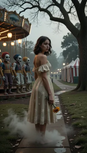 A highly detailed, horror-themed illustration inspired by *Día de los Muertos*, (Day of the Dead), . A young woman stands alone in a deserted park, facing the viewer—a medium-to-close shot. Her shoulders are hunched, her face turned slightly away from the camera, and tears roll silently down her pale cheeks. She wears an elegant dress embroidered with stars that shimmer ever so faintly against the muted, sepia-toned surroundings, illuminated by cold, natural light filtering through the bare branches of trees. In her right hand, she clutches a withered marigold—its drooping petals mirroring her own sorrow—while a light mist swirls around her ankles, blurring the edges of the concrete path beneath her feet.

Behind her lies an abandoned amusement park, flickering lanterns cast a soft amber glow upon empty stalls, and eerie clown figures—painted in the traditional *Día de los Muertos* style—lean against rusted carousels. Their hollow eye sockets seem to watch the young woman with a quiet, unsettling patience. In the mid-ground, a row of faded circus tents stands, their striped fabric stirring ever so slightly in the night breeze, in the distance, a street stretches out, dissolving into a blur of lights—creating a sense of depth while keeping the focus firmly on the solitary figure. In the background, oak trees loom like sentinels, their branches forming a natural frame that accentuates the symmetrical composition, while fog creeps through the undergrowth, deepening the chilling atmosphere. Light filters down from an overcast sky, casting a soft, cool glow that bathes everything in muted tones—faded beige and pale green—evoking the aesthetic of "slow-burn" horror, much like the films of A24. Shadows fall gently across the dress, accentuating the texture of the fabric and the glint of tears on the girl’s cheeks. A faint, lingering scent of incense and damp earth hangs in the air—like the echo of a celebration long since ended. The scene is captured using a 35mm anamorphic lens, (the 2.39:1), widescreen format transforms the park into a cinematic tableau, while a shallow depth of field brings the foreground into sharp focus, allowing the background to dissolve into a soft, artistic bokeh. The overall mood is both ominous and contemplative, inviting the viewer to sense a quiet dread amidst the empty carnival night and to wonder what unseen sorrow lies behind the girl’s silent tears.