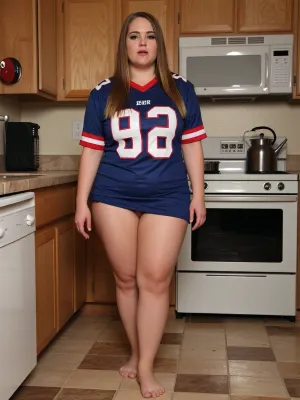 24 year old woman, (very beautiful:1.4), (very busty:1.6), ((voluptuous)), (((oversized male American football jersey))), barefoot, walking in the kitchen