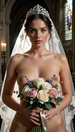 Shot with a high-end Leica Noctilux-M 85mm f/1.2 prime lens at wide-open aperture, hyperrealistic waist-up medium fine-art portrait capturing a fully nude bride from head down to her waistline, raw camera fidelity, unretouched natural skin texture displaying fine pores, subtle skin grain, soft vellus hairs, and delicate natural flush, ultra-fine film grain, dramatic chiaroscuro romantic lighting, masterwork composition, 8K resolution.

A breathtakingly beautiful bride on her wedding day, framed in a romantic waist-up fine-art nude shot inside the sacred, serene atmosphere of a medieval Gothic cathedral. Her face, completely bare shoulders, natural breasts, exposed torso, and hands are illuminated by a radiant beam of soft, cinematic morning sunlight filtering through ancient stained glass windows, casting ethereal, whisper-soft rose, gold, and amber highlights across her bare skin.

Her facial anatomy and features are captured with flawless clarity, a perfectly balanced symmetrical oval face, high softly sculpted cheekbones touched by a gentle peach blush, luminous dew-kissed skin texture, and large almond-shaped hazel eyes framed by dark fluttery eyelashes. Her eyelids feature iridescent pearl eyeshadow with a satin finish, leading down to a fine straight nose and full, supple lips with dusty-pink satin lipstick emphasizing her delicate cupid's bow.

Her hair is styled into a soft, sophisticated low chignon with loose waves kissing her jawline. She wears a magnificent white gold tiara intricately wrought with filigree scrollwork and encrusted with brilliant-cut micro-diamonds and pearls, with a sheer Chantilly lace cathedral veil draped gracefully over her head and flowing behind her back, leaving her front completely bare.

At waist height, her hands naturally and gracefully hold a lavish, hand-tied artisanal bouquet overflowing with blooming white peonies, soft dusty-pink garden roses with folded petals, fragrant lavender sprigs, and muted eucalyptus leaves, bound with a trailing raw silk ribbon with slightly frayed edges.

Artistic nude aesthetic, no clothing on her upper body, pure fine-art aesthetic with realistic skin rendering, natural breast anatomy, clear collarbones, and elegant shadowPlay across her bare midriff and waist.

The background dissolves into a smooth, creamy bokeh showing the majestic carved stone pillars of the cathedral, glowing candlelight from flickering votive candles, and towering vaulted arches. Perfect color grading, high-contrast chiaroscuro, uncompromised raw photograph fidelity.