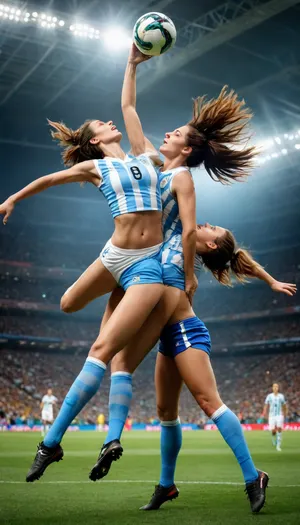 World Cup match, 3 women football players contesting aerial header, one woman plays naked and the other woman is from Argentina, real photo, dynamic expressive brushwork capturing athletic movement, 8K ultra-detailed, art-level wallpaper quality, painterly texture, rich layered colors, high artistic atmosphere