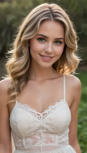 Create a, ((upper-body close up portrait of a 18 years young Californian woman—born on May 28, 1985, in Malibu—who is 41 years old today. She is wearing a white, sheer, delicate, airy, chiffon mini sundress with delicate lace embroidery and a very deep pluning V-neckline and a breathtakingly cleavage. She is a singer-songwriter known for tracks such as "Bubble, " "Falling for You, " "Brighter Than the Sun, " "You Got Me, " "I Do, " "Try, " "Lucky, " and "I Never Told You." She has a soft, slightly oval—ranging from elongated to heart-shaped—face with harmonious, friendly symmetry and contours. Her eyes are hazel to light brown, featuring subtle green-gold facets, they are distinctively almond-shaped. Her nose is relatively narrow, straight, and even, tapering to a slightly rounded tip. She has a wide smile. Her lips are full and evenly curved, with the lower lip appearing slightly fuller than the upper one. Her cheekbones are softly defined. When she smiles, prominent, round "apple cheeks" emerge, giving her a very youthful appearance. Her ears are medium-sized, well-proportioned, and lie flat against the sides of her head. She has a smooth, average-height forehead. Her face is framed by a center part. Her hair is naturally dark blonde with light blonde highlights in shades of honey, champagne, and ash blonde, or styled with an ombre effect, the texture is fine to medium, with soft waves and light curls. Naturally, she has rather light, fine, straight eyebrows. Her mouth is well-proportioned with full lips, and she displays a wide, warm, natural smile. She has high, gently curved cheekbones that lend her face a youthful freshness, especially when she smiles. Her forehead is smooth and of medium height. As a small, distinctive feature, she has a small, narrow, elongated, natural, skin-colored birthmark on her forehead, centered above her nose and eyebrows.))
