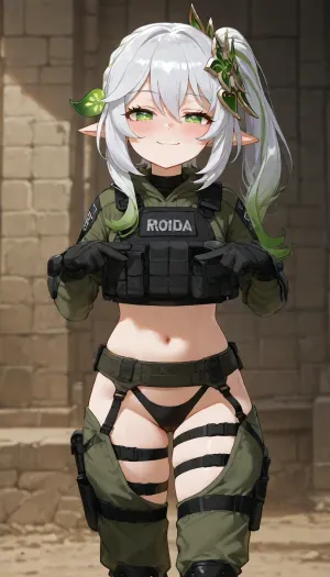 1girl, petite build, nahida from genshin impact, anime style, detailed shading, focus on face, smug face, blushing, smile, skimpy soldier outfit, bulletproof vest, ((standing, proud pose))