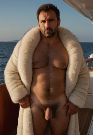 a charismatic beautiful and sexy and very hairy rich daddy boss with beautiful face with with hollow cheeks very hairy big chest and father of family man of 48 years old and very tired who fur coat and blanket and wrinkles with a big very very hairy big chest, and big hairy pecs with big nipples with short brown hair with a slight with desire big eyes and dark look. he is wearing a white chinchilla long fur coat. He is standing in profil inside a fur white chinchilla blacket and he is visible hairy anus and hairy anus clearly visible and penis ejaculation inside on the big fur white ermine very soft inside with extra soft fur carpet outside, on a terrace of luxury boat on the sea, Living, Room, VelvetFur, BBM, <lora:xpenis-1.5e:2>, <lora:VelvetFur:2>, <lora:Black_Men:2>