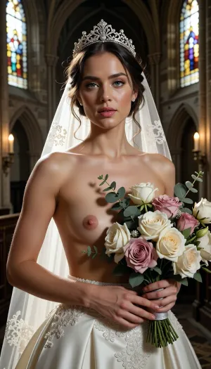 Shot with a high-end Leica Noctilux-M 85mm f/1.2 prime lens at wide-open aperture, hyperrealistic waist-up medium fine-art portrait capturing the bride from head down to her waistline, raw camera fidelity, unretouched natural skin texture displaying fine pores, subtle skin grain, soft vellus hairs, and delicate natural flush, dramatic romantic chiaroscuro lighting, masterwork composition, 8K resolution.

A breathtakingly beautiful bride on her wedding day, framed in a romantic waist-up fine-art nude portrait inside the sacred, serene atmosphere of a medieval Gothic cathedral. Her face, completely bare chest, exposed torso, and hands are illuminated by a radiant beam of soft, cinematic morning sunlight filtering through ancient stained glass windows, casting ethereal gold highlights across her bare skin.

Her facial anatomy and features are captured with flawless clarity, a perfectly balanced symmetrical oval face, high softly sculpted cheekbones touched by a gentle peach blush, luminous dew-kissed skin texture, and large almond-shaped hazel eyes framed by dark fluttery eyelashes. Her eyelids feature iridescent pearl eyeshadow with a satin finish, leading down to a fine straight nose and full, supple lips with dusty-pink satin lipstick emphasizing her delicate cupid's bow.

Her hair is styled into a soft, sophisticated low chignon with loose waves kissing her jawline. She wears a magnificent white gold tiara intricately wrought with filigree scrollwork and encrusted with brilliant-cut micro-diamonds and pearls, with a sheer Chantilly lace cathedral veil draped gracefully behind her back.

Fine-art composition and posing, she is completely topless on her upper body, wearing an opulent high-waisted haute couture bridal skirt crafted from rich ivory silk organza and embellished with delicate lace appliqués. She holds a lavish, hand-tied artisanal bouquet of white peonies, dusty-pink garden roses, and eucalyptus tilted gracefully across her chest, strategically concealing one breast with the lush floral petals while leaving her bare torso, collarbones, and the other natural breast completely exposed in elegant chiaroscuro shadows.

The background dissolves into a smooth, creamy bokeh showing the majestic carved stone pillars of the cathedral, glowing candlelight from flickering votive candles, and towering vaulted arches. Perfect color grading, high-contrast chiaroscuro, uncompromised raw photograph fidelity.