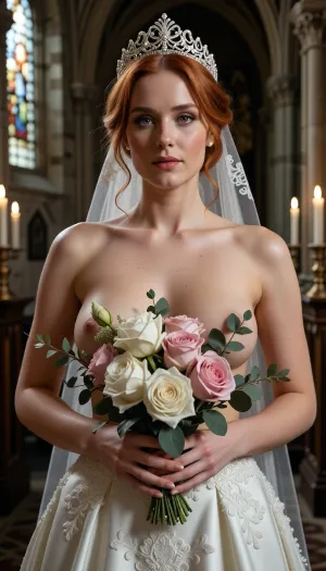 Shot with a high-end Leica Noctilux-M 85mm f/1.2 prime lens at wide-open aperture, hyperrealistic waist-up medium fine-art portrait capturing the bride from head down to her waistline, raw camera fidelity, unretouched natural skin texture displaying fine pores, subtle skin grain, soft vellus hairs, and delicate natural flush, dramatic romantic chiaroscuro lighting, masterwork composition, 8K resolution.

A breathtakingly beautiful ginger hair bride on her wedding day, framed in a romantic waist-up fine-art nude portrait inside the sacred, serene atmosphere of a medieval Gothic cathedral. Her face, completely bare chest, exposed torso, and hands are illuminated by a radiant beam of soft, cinematic morning sunlight filtering through ancient stained glass windows.

Her facial anatomy and features are captured with flawless clarity, a perfectly balanced symmetrical oval face, high softly sculpted cheekbones touched by a gentle peach blush, luminous dew-kissed skin texture, and large almond-shaped hazel eyes framed by dark fluttery eyelashes. Her eyelids feature iridescent pearl eyeshadow with a satin finish, leading down to a fine straight nose and full, supple lips with dusty-pink satin lipstick emphasizing her delicate cupid's bow.

Her hair is styled into a soft, sophisticated low chignon with loose waves kissing her jawline. She wears a magnificent white gold tiara intricately wrought with filigree scrollwork and encrusted with brilliant-cut micro-diamonds and pearls, with a sheer Chantilly lace cathedral veil draped gracefully behind her back.

Fine-art composition and posing, she is completely topless on her upper body, wearing an opulent high-waisted haute couture bridal skirt crafted from rich ivory silk organza and embellished with delicate lace appliqués. She holds a lavish, hand-tied artisanal bouquet of white peonies, dusty-pink garden roses, and eucalyptus tilted gracefully across her chest, strategically concealing one breast with the lush floral petals while leaving her bare torso, collarbones, and the other natural breast completely exposed in elegant chiaroscuro shadows.

The background dissolves into a smooth, creamy bokeh showing the majestic carved stone pillars of the cathedral, glowing candlelight from flickering votive candles, and towering vaulted arches. Perfect color grading, high-contrast chiaroscuro, uncompromised raw photograph fidelity.