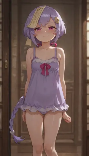 1girl, petite build, qiqi from genshin impact, anime style, detailed shading, focus on face, smug face, blushing, smile, underwear, ((standing, proud pose))
