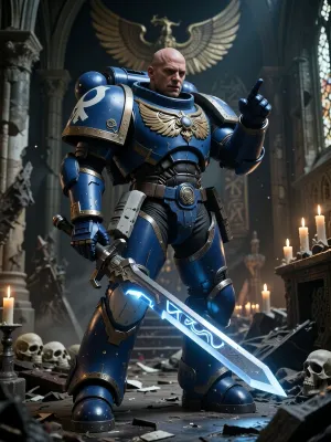 Ultra realistic photograph, highly detailed, photorealistic. The Space Marine is fully armored in blue Ultramarines power armor, no helmet, holding power sword with glowing runes on edge up, pointing finger at me, war-torn cathedral setting with skulls, candles and Imperium Aquila in the background.
Extremely detailed armor textures, dramatic lighting, cinematic composition, ultra high resolution, sharp focus, Warhammer 40k aesthetic.