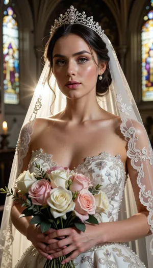 Shot with a high-end Leica Noctilux-M 85mm f/1.2 prime lens at wide-open aperture, hyperrealistic waist-up medium portrait capturing the bride from head down to her waistline, raw camera fidelity, unretouched natural skin texture displaying fine pores, subtle skin grain, soft vellus hairs, and delicate natural flush, ultra-fine film grain, dramatic romantic lighting, masterwork composition, 8K resolution.

A breathtakingly beautiful bride on her wedding day, framed in a romantic waist-up shot inside the sacred, serene atmosphere of a medieval Gothic cathedral. Her face, bodice, and hands are illuminated by a radiant beam of soft, cinematic morning sunlight filtering through ancient stained glass windows, casting ethereal, whisper-soft rose, gold, and amber highlights across her features and creating a deeply atmospheric aura.

Her facial anatomy and features are captured with flawless clarity, a perfectly balanced symmetrical oval face, high softly sculpted cheekbones touched by a gentle peach blush, luminous dew-kissed skin texture, and large almond-shaped hazel eyes framed by dark fluttery eyelashes. Her eyelids feature iridescent pearl eyeshadow with a satin finish, leading down to a fine straight nose and full, supple lips with dusty-pink satin lipstick emphasizing her delicate cupid's bow.

Her hair is styled into a soft, sophisticated low chignon with loose waves kissing her jawline. She wears a magnificent white gold tiara intricately wrought with filigree scrollwork and encrusted with brilliant-cut micro-diamonds and pearls, with a sheer Chantilly lace cathedral veil flowing gracefully over her shoulders like mist.

Crucial composition element, at waist height, her elegantly manicured hands with natural nude-pink polished nails tenderly cradle a lavish, hand-tied artisanal bouquet overflowing with blooming white peonies, soft dusty-pink garden roses with folded petals, fragrant lavender sprigs, and muted eucalyptus leaves, bound with a trailing raw silk ribbon with slightly frayed edges.

Her high-fashion wedding gown is an extraordinary triumph of haute couture craftsmanship. The illusion tulle neckline and form-fitting bodice are lavishly hand-embroidered with shimmering silver threads, creating intricate baroque motifs and botanical vines. Deeply embedded within the lace structure are hundreds of hand-sewn Swarovski crystals, clear sapphires, and seed pearls that sparkle intensely as they catch the light.

The background dissolves into a smooth, creamy bokeh showing the majestic carved stone pillars of the cathedral, glowing candlelight from flickering votive candles, and towering vaulted arches. Perfect color grading, high-contrast chiaroscuro, uncompromised raw photograph fidelity.