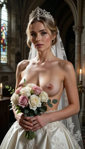 Shot with a high-end Leica Noctilux-M 85mm f/1.2 prime lens at wide-open aperture, hyperrealistic waist-up medium fine-art portrait capturing the bride from head down to her waistline, raw camera fidelity, unretouched natural skin texture displaying fine pores, subtle skin grain, soft vellus hairs, and delicate natural flush, dramatic romantic chiaroscuro lighting, masterwork composition, 8K resolution.

A breathtakingly beautiful bride on her wedding day, framed in a romantic waist-up fine-art nude portrait inside the sacred, serene atmosphere of a medieval Gothic cathedral. Her face, completely bare chest, exposed torso, and hands are illuminated by a radiant beam of soft, cinematic morning sunlight filtering through ancient stained glass windows.

Her facial anatomy and features are captured with flawless clarity, a perfectly balanced symmetrical oval face, high softly sculpted cheekbones touched by a gentle peach blush, luminous dew-kissed skin texture, and large almond-shaped hazel eyes framed by dark fluttery eyelashes. Her eyelids feature iridescent pearl eyeshadow with a satin finish, leading down to a fine straight nose and full, supple lips with dusty-pink satin lipstick emphasizing her delicate cupid's bow.

Her blond hair is styled into a soft, sophisticated low chignon with loose waves kissing her jawline. She wears a magnificent white gold tiara intricately wrought with filigree scrollwork and encrusted with brilliant-cut micro-diamonds and pearls, with a sheer Chantilly lace cathedral veil draped gracefully behind her back.

Fine-art composition and posing, she is completely topless on her upper body, wearing an opulent high-waisted haute couture bridal skirt crafted from rich ivory silk organza and embellished with delicate lace appliqués. She holds a lavish, hand-tied artisanal bouquet of white peonies, dusty-pink garden roses, and eucalyptus tilted gracefully across her chest, strategically concealing one breast with the lush floral petals while leaving her bare torso, collarbones, and the other natural breast completely exposed in elegant chiaroscuro shadows.

The background dissolves into a smooth, creamy bokeh showing the majestic carved stone pillars of the cathedral, glowing candlelight from flickering votive candles, and towering vaulted arches. Perfect color grading, high-contrast chiaroscuro, uncompromised raw photograph fidelity.