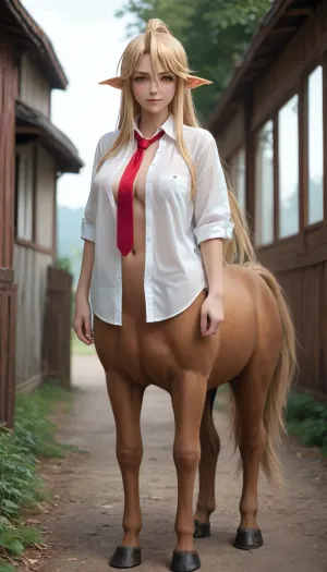 Centorea Shianus, (Monster Musume), . Centaur Monster girl, extra long blonde hair, huge boobs, hard nipples, transparent white button up shirt, unbuttoned, loose red tie.

Evil smirk, Blushing playfully, standing in the backyard, random angled view, full horse body in view, golden brown horse body.