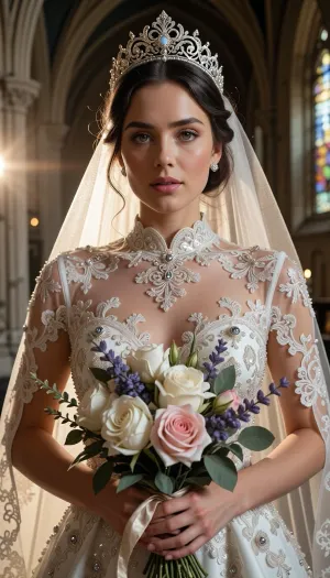 Shot with a high-end Leica Noctilux-M 85mm f/1.2 prime lens at wide-open aperture, hyperrealistic waist-up medium portrait capturing the bride from head down to her waistline, raw camera fidelity, unretouched natural skin texture displaying fine pores, subtle skin grain, soft vellus hairs, and delicate natural flush, dramatic romantic lighting, masterwork composition, 8K resolution.

A breathtakingly beautiful bride on her wedding day, framed in a romantic waist-up shot inside the sacred, serene atmosphere of a medieval Gothic cathedral. Her face, high-neck bodice, and hands are illuminated by a radiant beam of soft, cinematic morning sunlight filtering through ancient stained glass windows, casting ethereal, whisper-soft amber highlights across her features and creating a deeply atmospheric aura.

Her facial anatomy and features are captured with flawless clarity, a perfectly balanced symmetrical oval face, high softly sculpted cheekbones touched by a gentle peach blush, luminous dew-kissed skin texture, and large almond-shaped hazel eyes framed by dark fluttery eyelashes. Her eyelids feature iridescent pearl eyeshadow with a satin finish, leading down to a fine straight nose and full, supple lips with dusty-pink satin lipstick emphasizing her delicate cupid's bow.

Her hair is styled into a soft, sophisticated low chignon with loose waves kissing her jawline. She wears a magnificent white gold tiara intricately wrought with filigree scrollwork and encrusted with brilliant-cut micro-diamonds and pearls, with a sheer Chantilly lace cathedral veil flowing gracefully over her shoulders like mist.

At waist height, her hands naturally and gracefully hold a lavish, hand-tied artisanal bouquet overflowing with blooming white peonies, soft dusty-pink garden roses with folded petals, fragrant lavender sprigs, and muted eucalyptus leaves, bound with a trailing raw silk ribbon with slightly frayed edges.

Her high-fashion wedding gown is an extraordinary triumph of haute couture craftsmanship. The illusion tulle high neckline and form-fitting bodice cover her chest completely and are lavishly hand-embroidered with shimmering silver threads, creating intricate baroque motifs and botanical vines. Deeply embedded within the lace structure are hundreds of hand-sewn Swarovski crystals, clear sapphires, and seed pearls that sparkle intensely as they catch the light.

The background dissolves into a smooth, creamy bokeh showing the majestic carved stone pillars of the cathedral, glowing candlelight from flickering votive candles, and towering vaulted arches. Perfect color grading, high-contrast chiaroscuro, uncompromised raw photograph fidelity.