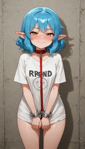 1girl, petite build, long pointy ears, random face traits, random eyes color, random hair color, anime style, detailed shading, focus on face, smug face, blushing, smile, oversize t-shirt, bottomless, leashed, handcuffed arms, ((standing, proud pose))