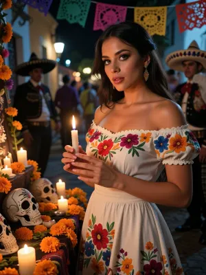 A stunningly beautiful Mexican woman with smooth, warm-toned skin and long, flawless eyelashes, captured in an elegant, three-quarter view, waist-up shot. She wears a traditional, festive Mexican dress with an off-the-shoulder neckline and vibrant floral patterns, holding a lit wax candle in her hands. Beside her stands a radiant Day of the Dead altar, (*ofrenda*), adorned with numerous orange marigolds, (*cempasúchil*), skulls, (*calaveras*), and glowing candles. In the blurred background, a festive Mexican street at night is decorated with traditional, intricate paper banners, (*papel picado*), silhouettes of people in costumes and sombreros—reminiscent of mariachi attire—are visible. Cinematic, celebratory lighting, high resolution, artistic style evocative of Romanticism.