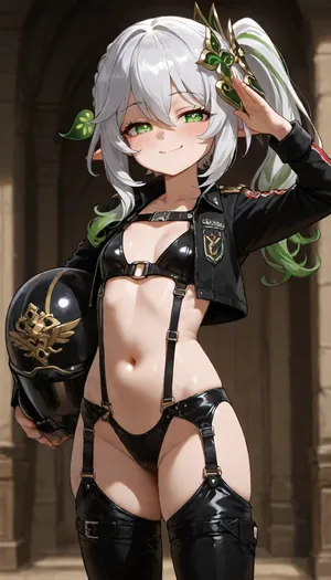 1girl, petite build, nahida from genshin impact, anime style, detailed shading, focus on face, smug face, blushing, smile, skimpy military pilot outfit, bare stomach, holding helmet, ((standing, proud pose, saluting)), <lora:dark:.2>