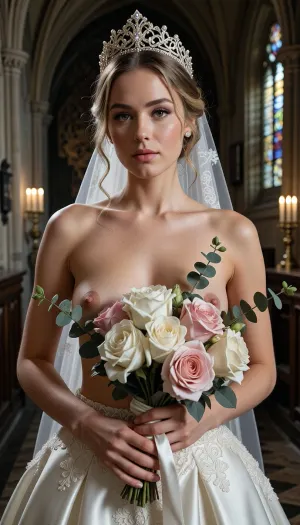 Shot with a high-end Leica Noctilux-M 85mm f/1.2 prime lens at wide-open aperture, hyperrealistic waist-up medium fine-art portrait capturing the bride from head down to her waistline, raw camera fidelity, unretouched natural skin texture displaying fine pores, subtle skin grain, soft vellus hairs, and delicate natural flush, dramatic romantic chiaroscuro lighting, masterwork composition, 8K resolution.

A breathtakingly beautiful bride on her wedding day, framed in a romantic waist-up fine-art nude portrait inside the sacred, serene atmosphere of a medieval Gothic cathedral. Her face, completely bare chest, exposed torso, and hands are illuminated by a radiant beam of soft, cinematic morning sunlight filtering through ancient stained glass windows.

Her facial anatomy and features are captured with flawless clarity, a perfectly balanced symmetrical oval face, high softly sculpted cheekbones touched by a gentle peach blush, luminous dew-kissed skin texture, and large almond-shaped hazel eyes framed by dark fluttery eyelashes. Her eyelids feature iridescent pearl eyeshadow with a satin finish, leading down to a fine straight nose and full, supple lips with dusty-pink satin lipstick emphasizing her delicate cupid's bow.

Her blond hair is styled into a soft, sophisticated low chignon with loose waves kissing her jawline. She wears a magnificent white gold tiara intricately wrought with filigree scrollwork and encrusted with brilliant-cut micro-diamonds and pearls, with a sheer Chantilly lace cathedral veil draped gracefully behind her back.

Fine-art composition and posing, she is completely topless on her upper body, wearing an opulent high-waisted haute couture bridal skirt crafted from rich ivory silk organza and embellished with delicate lace appliqués. She holds a lavish, hand-tied artisanal bouquet of white peonies, dusty-pink garden roses, and eucalyptus tilted gracefully across her chest, strategically concealing one breast with the lush floral petals while leaving her bare torso, collarbones, and the other natural breast completely exposed in elegant chiaroscuro shadows.

The background dissolves into a smooth, creamy bokeh showing the majestic carved stone pillars of the cathedral, glowing candlelight from flickering votive candles, and towering vaulted arches. Perfect color grading, high-contrast chiaroscuro, uncompromised raw photograph fidelity.