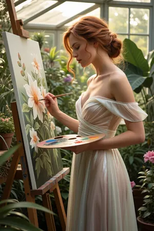 A masterpiece—a cinematic picture with many details in 8K image quality, A beautiful redhead woman embodying timeless elegance is painting a flower inside a lush greenhouse filled with vibrant greenery and delicate flowering plants. She is dressed in an elegant, flowing pastel-colored translucent white dress that drapes softly around her slender figure, exuding serenity and artistry. Her hair is styled in loose, romantic waves, framing her gentle, She carefully paints detailed flowers onto her canvas — her eyes closed in concentration — to capture the beauty of the flower. The woman's posture is poised yet natural, with one hand she hold a painting color palette while the other holds a fine brush, capturing the fine details of the blooming flower. The greenhouse is bathed in warm, dappled sunlight filtering through glass panels, creating a dreamy, luminous atmosphere. Surrounding her, various exotic plants and vibrant blossoms add rich textures and color contrasts, enhancing the scene’s lush, nurturing environment. The composition is a balanced close-up view that highlights the woman's artistic aura and the beauty of her gentle movements. The scene radiates tranquility, inspiration, and harmony with nature, styled in a romantic, impressionistic manner with soft lighting that emphasizes the delicate beauty and serenity of the moment.
