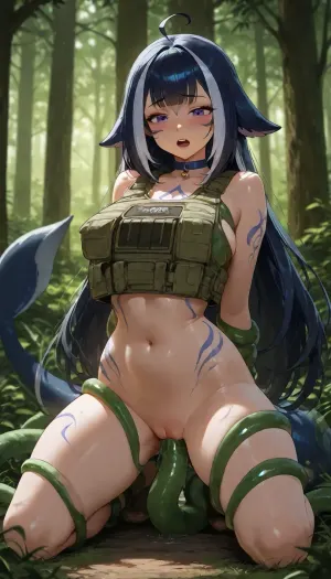 shylily, alone in forest, kneeling, green tentacle in pussy, embarassed, eyes open wide, tentacles around body, anime style, detailed shading, bulletproof vest over naked body, bare stomach, bottomless