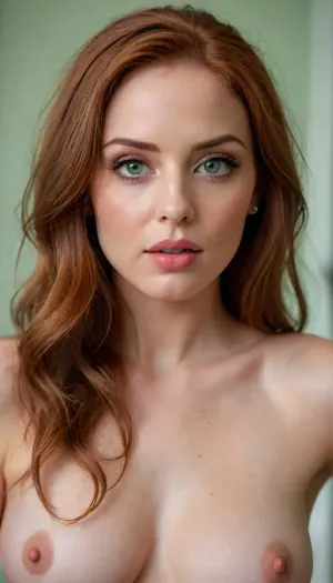 intimate sultry snapshot of an naughty woman in a luxurious bathroom with elegant minimalist modern decor, she has soft oval lips with pillowy creases, long soft red hair, huge oversized down-turned hazel-green eyes that are slightly wide-set, she has a long oval face with with a sensual expression on her face, she poses enticingly as she lithely reaches up with both hands to tie back her hair, green, eyes, blue, brown, perfecteyes, <lora:PerfectEyesXL:.8>