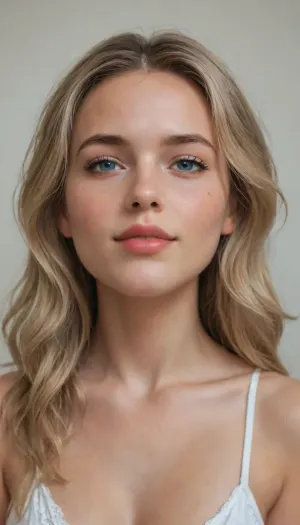 Create a close-up upper-body portrait of a young, 18-year-old Californian woman who is a singer-songwriter. She has a soft, slightly oval—ranging from elongated to heart-shaped—face with harmonious, friendly symmetry and contours. Her eyes are hazel to light brown, featuring subtle green-gold flecks, and are distinctively almond-shaped. Her nose is slender, straight, and even, tapering to a slightly rounded tip. She has a wide smile with full, evenly curved lips, the lower lip appearing slightly fuller than the upper. Her cheekbones are softly defined, when she smiles, prominent, round "apples" of the cheeks emerge, giving her a very youthful appearance. Her ears are medium-sized, well-proportioned, and lie flat against the sides of her head. She has a smooth, average-height forehead framed by a center part. Her hair is naturally dark blonde with highlights in shades of honey, champagne, and ash blonde, or styled with an ombré effect, the texture is fine to medium, with soft waves and light curls. Naturally, she has light, fine, straight eyebrows. Her mouth is well-proportioned with full lips, and she displays a wide, warm, natural smile. Her high, gently curved cheekbones lend a youthful freshness to her face, especially when she smiles. She has a smooth, medium-height forehead and a small, distinctive natural beauty mark centered just above the bridge of her nose.