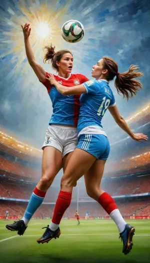 World Cup match, 2 women football players contesting aerial header, one woman is from Peru and the other woman is from Argentina, thick impasto oil painting brushstrokes, Van Gogh and Monet color palette, linen canvas texture, dramatic intense lighting, powerful muscular volume and definition, dynamic expressive brushwork capturing athletic movement, 8K ultra-detailed, art-level wallpaper quality, painterly texture, rich layered colors, high artistic atmosphere