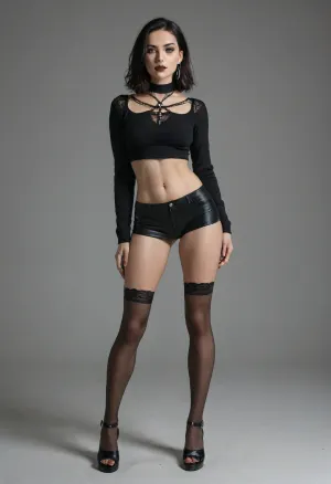 slim sexyg goth woman, mature 40 yeas old. showing her big pawg bottom, wearing thigh high stilleto hear, full body image