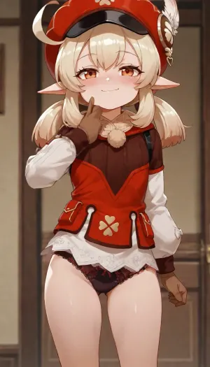 1girl, petite build, klee from genshin impact, anime style, detailed shading, focus on face, smug face, blushing, smile, underwear, ((standing, proud pose))