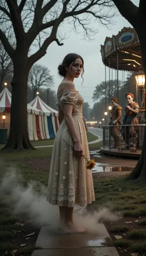 A highly detailed, horror-themed illustration inspired by *Día de los Muertos*, (Day of the Dead), . A young woman stands alone in a deserted park, facing the viewer—a medium-to-close shot. Her shoulders are hunched, her face turned slightly away from the camera, and tears roll silently down her pale cheeks. She wears an elegant dress embroidered with stars that shimmer ever so faintly against the muted, sepia-toned surroundings, illuminated by cold, natural light filtering through the bare branches of trees. In her right hand, she clutches a withered marigold—its drooping petals mirroring her own sorrow—while a light mist swirls around her ankles, blurring the edges of the concrete path beneath her feet.

Behind her lies an abandoned amusement park, flickering lanterns cast a soft amber glow upon empty stalls, and eerie clown figures—painted in the traditional *Día de los Muertos* style—lean against rusted carousels. Their hollow eye sockets seem to watch the young woman with a quiet, unsettling patience. In the mid-ground, a row of faded circus tents stands, their striped fabric stirring ever so slightly in the night breeze, in the distance, a street stretches out, dissolving into a blur of lights—creating a sense of depth while keeping the focus firmly on the solitary figure. In the background, oak trees loom like sentinels, their branches forming a natural frame that accentuates the symmetrical composition, while fog creeps through the undergrowth, deepening the chilling atmosphere. Light filters down from an overcast sky, casting a soft, cool glow that bathes everything in muted tones—faded beige and pale green—evoking the aesthetic of "slow-burn" horror, much like the films of A24. Shadows fall gently across the dress, accentuating the texture of the fabric and the glint of tears on the girl’s cheeks. A faint, lingering scent of incense and damp earth hangs in the air—like the echo of a celebration long since ended. The scene is captured using a 35mm anamorphic lens, (the 2.39:1), widescreen format transforms the park into a cinematic tableau, while a shallow depth of field brings the foreground into sharp focus, allowing the background to dissolve into a soft, artistic bokeh. The overall mood is both ominous and contemplative, inviting the viewer to sense a quiet dread amidst the empty carnival night and to wonder what unseen sorrow lies behind the girl’s silent tears.