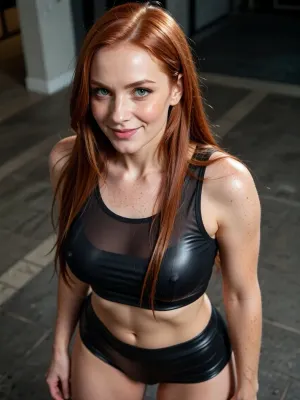 score_9, score_8_up, score_7_up, masterpiece, best quality, ultra-detailed, 8k, photorealistic, RAWphoto, side view slightly fron the top, cinematic photography, ((((((beautiful 35 year old fit natural girl with jet redhead hair))), long straight redhead hair, redhead hair, hairy body))), perfect feminine proportions, slim athletic body, firm natural breasts, small toned buttocks, soft feminine curves, striking deep green eyes, highly detailed eyes, crystal clear irises, intense eye contact, expression blending determination, insolence, defiance, pleasure and subtle submission, captivating gaze, beautifullong eyelashes, (perfect symmetrical eyes:1.8), (perfect eye alignment:1.8), (identical eyes:1.8), (symmetrical irises:1.7), (same iris size:1.7), (same pupil size:1.7), (perfect facial symmetry:1.5), (centered gaze:1.4), (looking directly at camera:1.6), (highly detailed eyes:1.5), (sharp focus on eyes:1.6), (accurate eye anatomy:1.7), cute delicate nose, full plump lips, ultra glossy lips, perfect smile, shoulders, arms and legs, realistic skin texture, visible body hair, visible skin pores, cropped short black semi-transparent latex tank top, slightly oversized arm openings, tight dark latex sports shorts, barefoot, playful attitude, confident smile, modern pin-up style, feminine curves, fashi, soft cinematic lighting, golden hour atmosphere, shallow depth of field, volumetric light, high dynamic range, realistic shadows, photorealistic textures, fashion magazine quality, sharp focus, extreme detail, award-winning photography, detailxl, glossy hair, wet look, perfect symmetry, extreme volume, loose hair, artificial shine, unrealistic hair texture, plastic hair, CGI hair