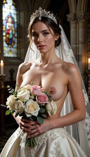 Shot with a high-end Leica Noctilux-M 85mm f/1.2 prime lens at wide-open aperture, hyperrealistic waist-up medium fine-art portrait capturing the bride from head down to her waistline, raw camera fidelity, unretouched natural skin texture displaying fine pores, subtle skin grain, soft vellus hairs, and delicate natural flush, ultra-fine film grain, dramatic romantic chiaroscuro lighting, masterwork composition, 8K resolution.

A breathtakingly beautiful bride on her wedding day, framed in a romantic waist-up fine-art nude portrait inside the sacred, serene atmosphere of a medieval Gothic cathedral. Her face, completely bare chest, exposed torso, and hands are illuminated by a radiant beam of soft, cinematic morning sunlight filtering through ancient stained glass windows, casting ethereal, whisper-soft rose, gold, and amber highlights across her bare skin.

Her facial anatomy and features are captured with flawless clarity, a perfectly balanced symmetrical oval face, high softly sculpted cheekbones touched by a gentle peach blush, luminous dew-kissed skin texture, and large almond-shaped hazel eyes framed by dark fluttery eyelashes. Her eyelids feature iridescent pearl eyeshadow with a satin finish, leading down to a fine straight nose and full, supple lips with dusty-pink satin lipstick emphasizing her delicate cupid's bow.

Her hair is styled into a soft, sophisticated low chignon with loose waves kissing her jawline. She wears a magnificent white gold tiara intricately wrought with filigree scrollwork and encrusted with brilliant-cut micro-diamonds and pearls, with a sheer Chantilly lace cathedral veil draped gracefully behind her back.

Fine-art composition and posing, she is completely topless on her upper body, wearing an opulent high-waisted haute couture bridal skirt crafted from rich ivory silk organza and embellished with delicate lace appliqués. She holds a lavish, hand-tied artisanal bouquet of white peonies, dusty-pink garden roses, and eucalyptus tilted gracefully across her chest, strategically concealing one breast with the lush floral petals while leaving her bare torso, collarbones, and the other natural breast completely exposed in elegant chiaroscuro shadows.

The background dissolves into a smooth, creamy bokeh showing the majestic carved stone pillars of the cathedral, glowing candlelight from flickering votive candles, and towering vaulted arches. Perfect color grading, high-contrast chiaroscuro, uncompromised raw photograph fidelity.