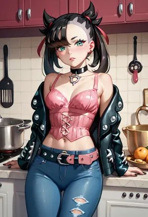 22 year old, Marnie from Pokémon, blue jeans and belt, leather jacket, pink corset top, leaning back onto kitchen counter, head to the side