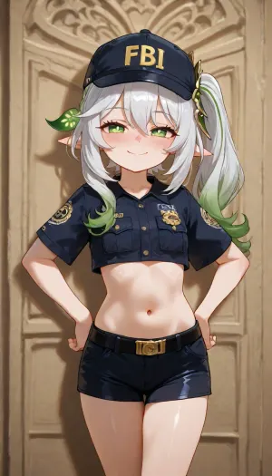 1girl, petite build, nahida from genshin impact, anime style, detailed shading, focus on face, smug face, blushing, smile, fbi outfit, bare stomach, ((standing, proud pose))