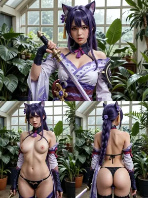 masterpiece, best quality, ultra-detailed, 1girl, solitary, caucasian face, cosplay, Keqing with Genshin Impact, long purple hair, cat-ear hair buns, twin tails, holding sword, triple image collage, in the top image wearing an elaborate fantasy-inspired purple and white outfit, nude upper body shot on down left, nude back view on down right, wearing black strappy lingerie, micro bikini, string thong, purple choker, tassel accessories, flower hair accessory, indoor greenhouse, lush green potted plants background, grid windows, natural light, photorealistic, 8k resolution