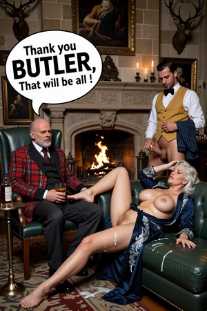 Hyper-realistic masterpiece, 8k UHD, highly detailed, sharp focus, raw photo, candid shot, Scottish baronial hall, huge stone fireplace with roaring fire. Paintings and stuffed Stags head trophies on the walls. On left side of the fire is the Lord of the Manor, 60s bald, bearded, in a red and black tartan smoking jacket, dark trousers. Sitting in a high backed green leather chair drinking a large whiskey. Whiskey bottle on a tall thin side table beside him. On the other side of the fire the Lady of the Manor lies flat on her back on a green leather sofa, 60s, plus-sized, silver hair, massive boobs, hairy pussy, naked under her open midnight blue with silver embroidery dressing gown, she is stretched out with one hand on her forehead, one leg on the sofa the other foot touching the floor, covered in cum, semen dripping from her pussy and sofa onto to the floor. Massive cum covered tits exposed. The dark haired butler stands behind the sofa, her hair was wears a white shirt, black bow tie, mustard coloured waistcoat, he is naked from the waist down, he is stroking his thick veiny erect cock dripping cum. He carries his pin striped trousers neatly folded over his arm. Big Speech bubble left side “Thank you BUTLER, That will be all ! “ medium font.
Firelight and candles on the stone mantelpiece are the only light sources, dark shadows