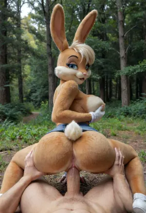 Lola bunny from looney tunes, (((furry))), bunny ears, bunny tail, young, upskirt, tight ass, perfect ass, holding the breasts, exaggerated huge breasts, wet pussy, detailed pussy, men with huge cock, in forest, front view, bmbplora, doggystyle, from, behind, human, on, anthro, feral, fursuit, azoomer, 1girl, 1boy, sex, hetero, anal, sex_from_front, pussy, penis, fullnelsonpose, arms_behind_head, full_nelson, reversepose, <lora:bimboxl_02:.8>, <lora:SDXL_Human_Male_Furry_Female:.8>, <lora:FursuitXL:.8>, <lora:Azoomer SDXL V1:.8>, <lora:ReverseCowgirlFullNelsonXL:.8>